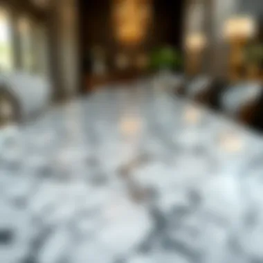Close-up of marble island table showcasing intricate patterns