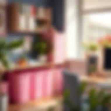 Pink storage bins contributing to a stylish workspace