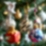 Close-up of intricately designed small Christmas tree ornaments showcasing various materials
