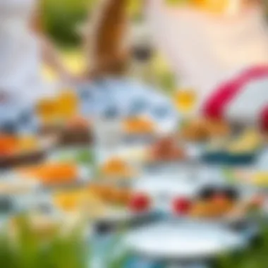 Lively Picnic with Assorted Plastic Plates A vibrant picnic scene showcasing assorted plastic plates with delicious food