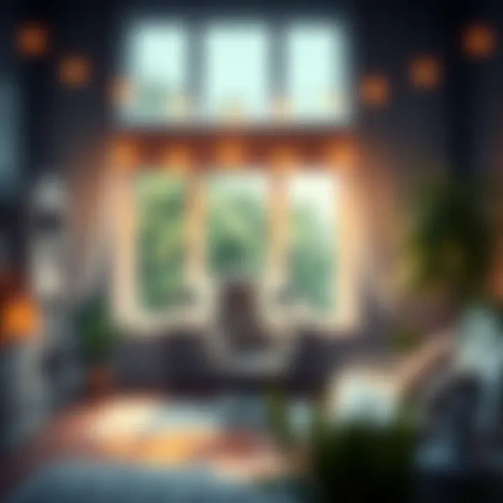 Artistic display of string lights highlighting a home office workspace