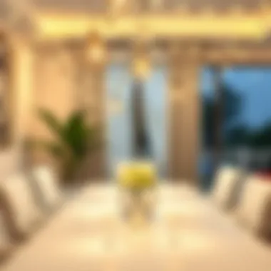 Elegant dining area featuring string lights as centerpiece lighting