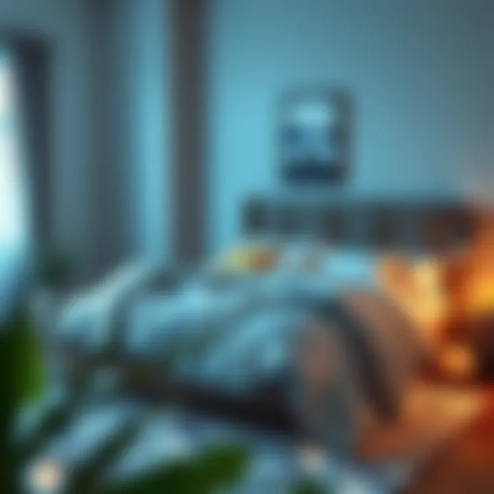 Cozy Bedroom with Weighted Light Blanket A cozy bedroom scene with a weighted light blanket draped over a bed