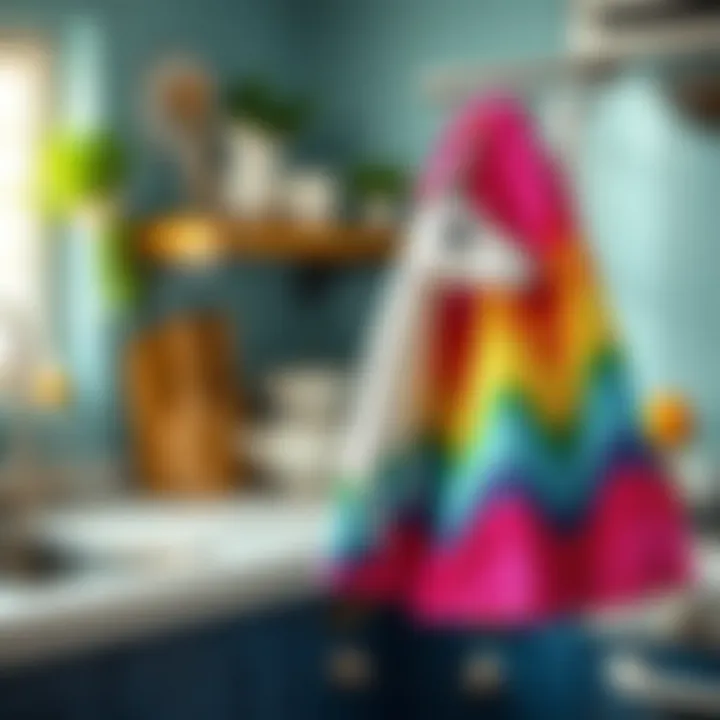 Whimsical Kitchen Decor Colorful unicorn kitchen towel hanging on a rack