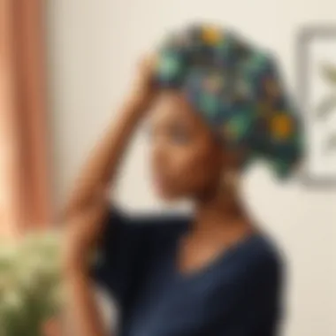 A woman elegantly styling her hair while wearing a head wrap