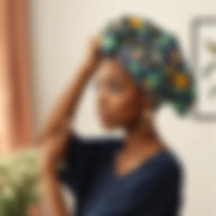 A woman elegantly styling her hair while wearing a head wrap