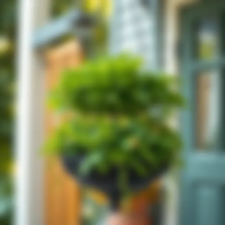 Cast iron hanging planter adorned with vibrant greenery in an outdoor setting