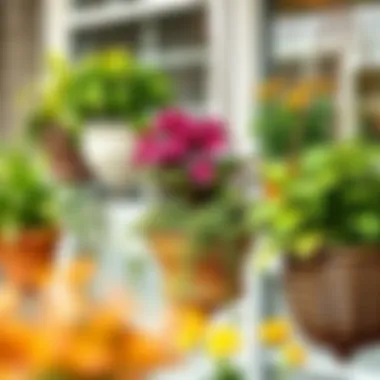 Stylishly arranged cast iron hanging planters with various plant species