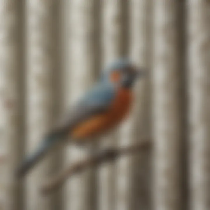 Close-up view of intricate patterns on a vintage bird shower curtain