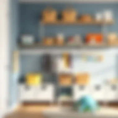 Customized wall storage featuring bins and hooks for a tidy play area