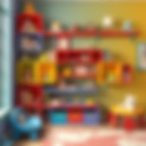 Colorful wall-mounted shelves in a playroom filled with toys and books