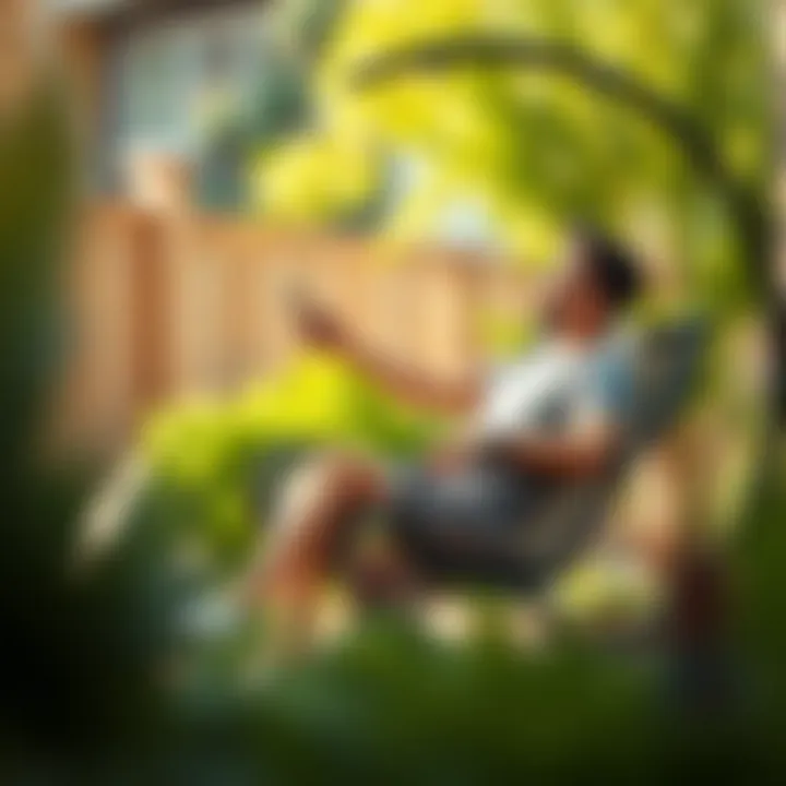 Relaxing on a Mesh Outdoor Chair Person enjoying leisure time sitting on a mesh outdoor chair